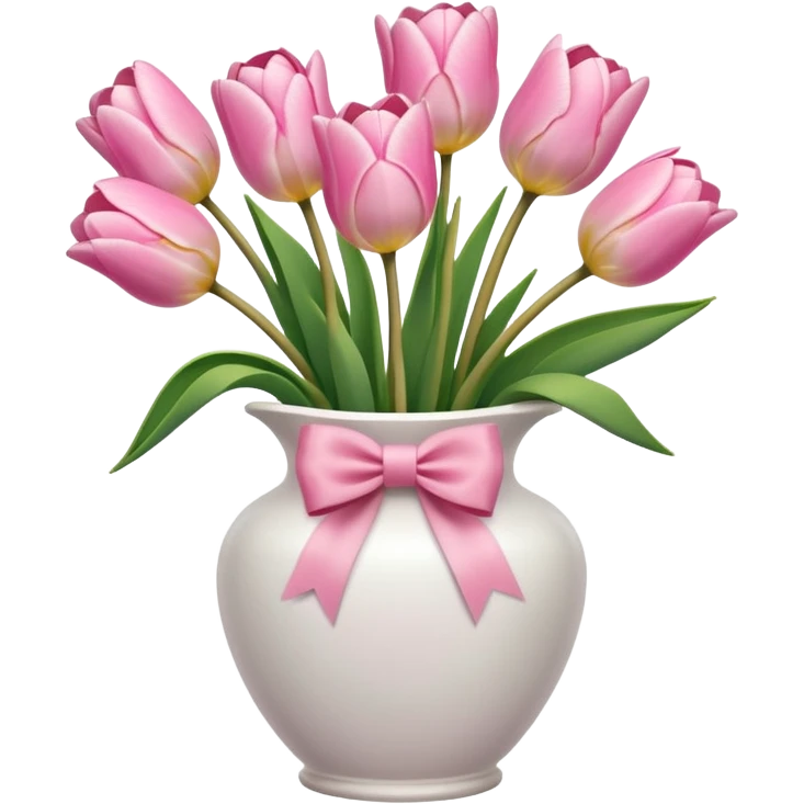 Light pink tulips in white vase in bow  emoji
