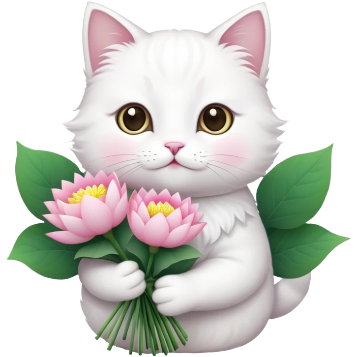 White cat holding a bouquet of lotus flowers emoji