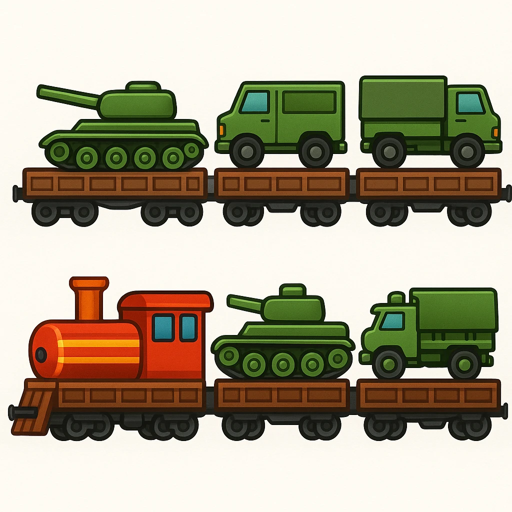 Create a realistic ordinary cargo train transporting military equipment such as tanks and trucks in a classic emoji style. This is variant 1 of the design. emoji