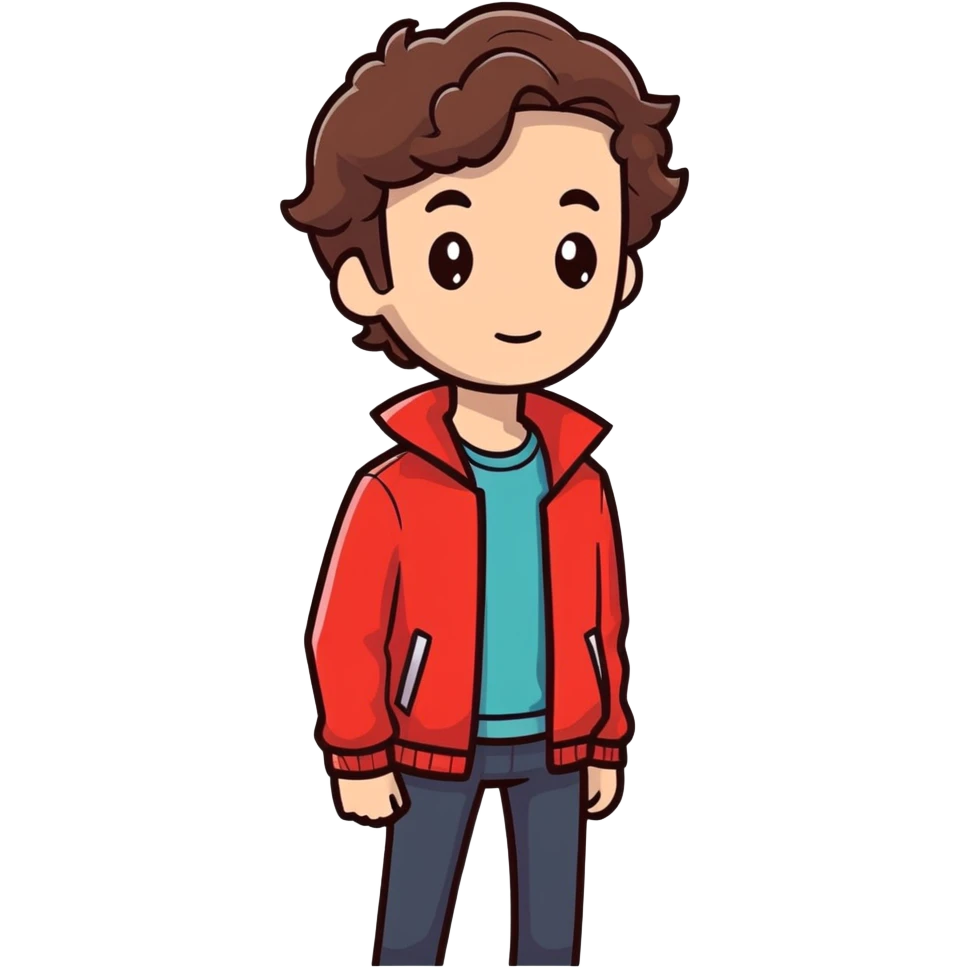 Homem de cabelo castanho ondulado usando uma jaqueta vermelha emoji