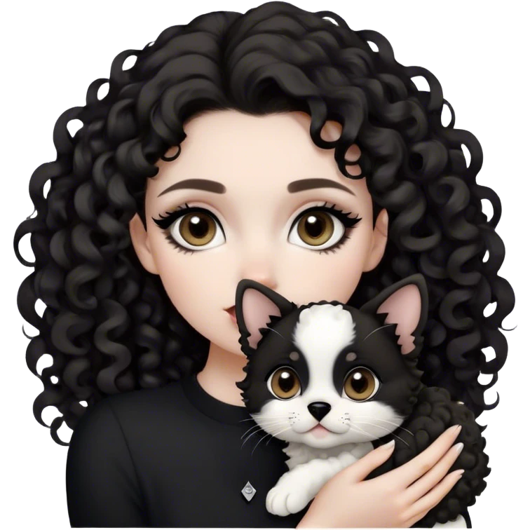 Girl holding a black and white small jackapoo puppy. Girl is pretty, has dark brown eyes. Full soft lips. sharp cat eye line. Dark brown big curls. Long hair. Pale. Dog had black ears, black circles around eyes, dog has white mouth and head emoji