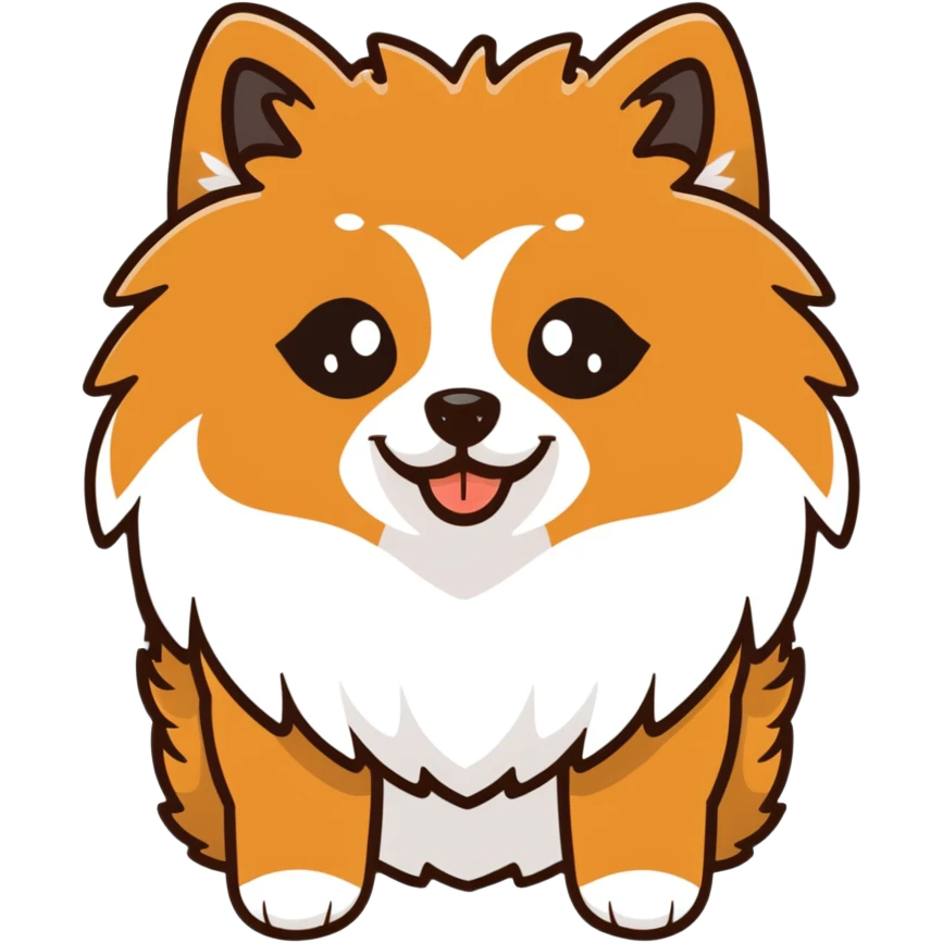 fluffy black and tan Pomeranian dog face, large round eyes, button nose, tan muzzle, tan eyebrow spots, thick ruff of fur, upright tousled ears, friendly and cute emoji