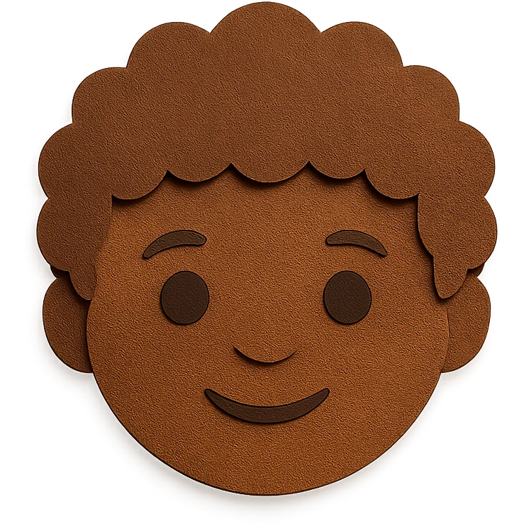 character with curly brown hair, brown eyes, brown skin emoji