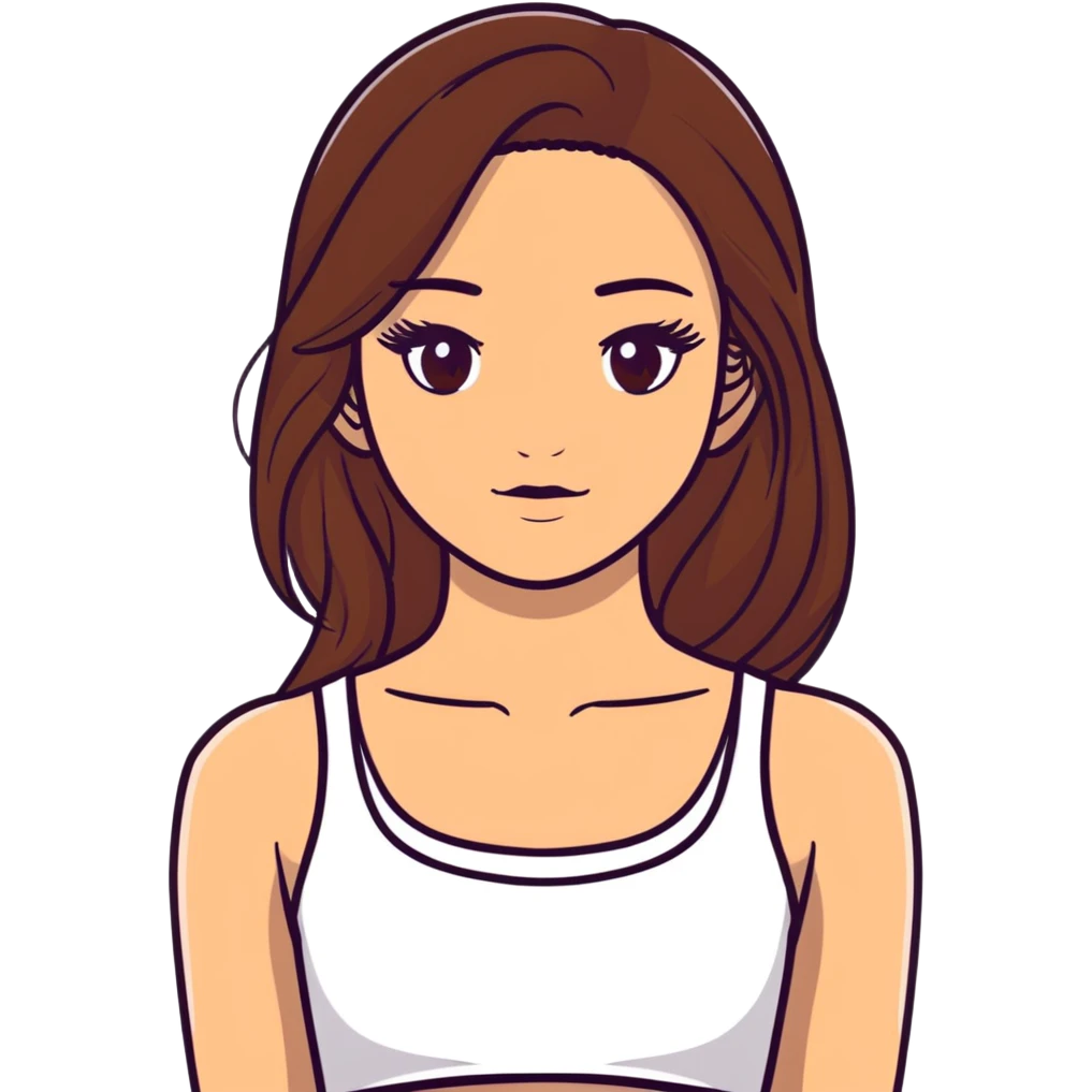 beautiful girl, long straight brown hair, brown eyes with lashes, wearing a white crop top, tan skin emoji