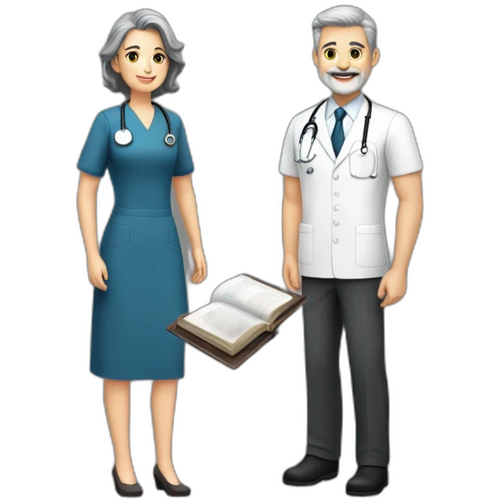 husband classy caucasian 55 dark gray hair trimmed beard executive holding bible, with wife asian age 55 dark hair nurse uniform, no children emoji