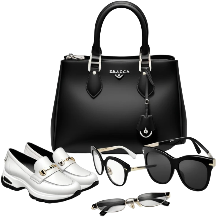 1 bag and 1 watch, and 1 glasses, 1 pair of shoes specfic, all BLACK AND WHITE AND SILVER OR WHITE PLATED GOLD put together like a bundle with no face, all luxury items like lv and prada, and rolex, and balenciaga emoji