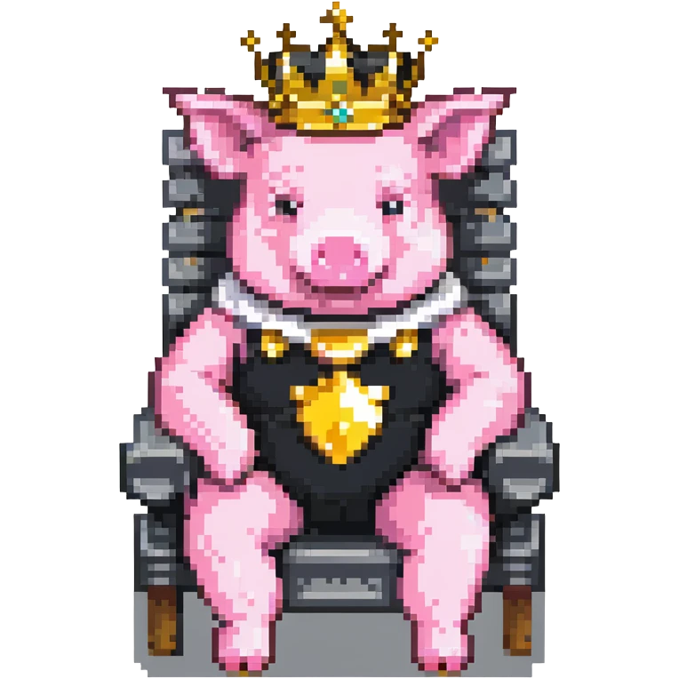 pixel art pig with a golden crown sitting on a throne, blocky and square like Minecraft, inspired by Technoblade emoji