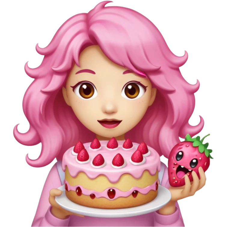 kawaii  woman holding pink runny gooey strawberry jam monster cake   emoji