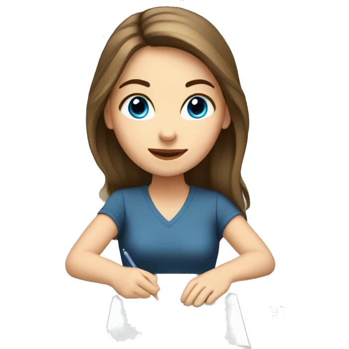 white girl studying at a white desk, brown hair, blue eyes, computer emoji