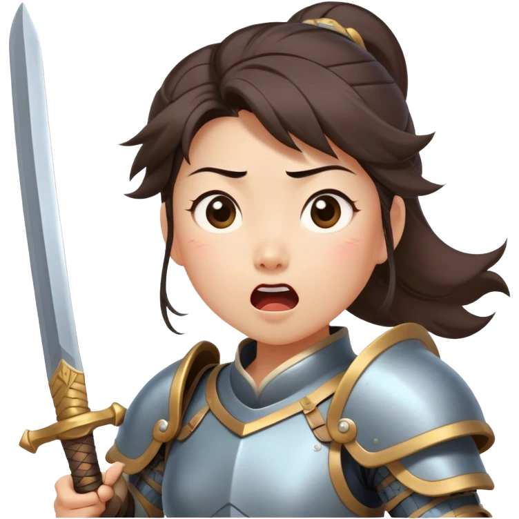 Cinematic Funny Mulan Portrait Emoji, Wearing her training armor too big, looking surprised as a sword nearly topples her over, a mix of warrior determination and hilarious inexperience, a comical yet endearing moment in her transformation! emoji