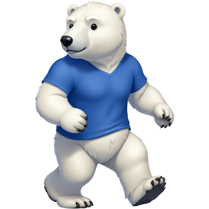 friendly anthropomorphised polar bear walking with a confident stride, wearing a royal blue t-shirt, stronger-looking emoji