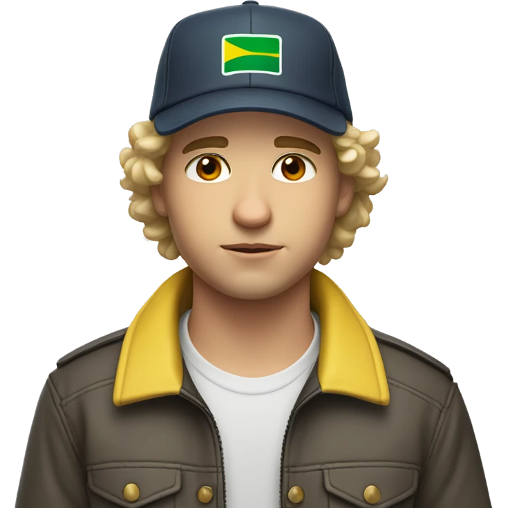 young white guy with small wavy hair with brazilian race jacket and hat serious emoji