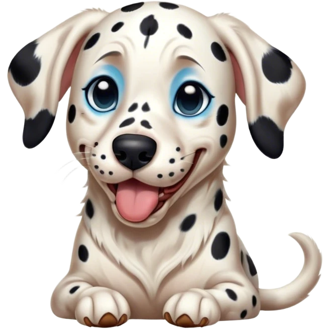 Cinematic Cute Yawning Spotted Dalmatian Portrait Emoji, Head tilted slightly with a dramatic, wide-open yawn, showcasing a smooth Fur of predominantly white with bold black patches, floppy ears slightly drooping, round blue eyes barely open in drowsy contentment, Simplified yet irresistibly adorable features, highly detailed, glowing with a soft, cozy glow, high shine, relaxed yet expressive, stylized with a touch of whimsy, bright and endearing, soft glowing outline, capturing the essence of a sleepy yet affectionate guardian, so drowsy it feels like it could stretch out of the screen and curl up for a nap! emoji