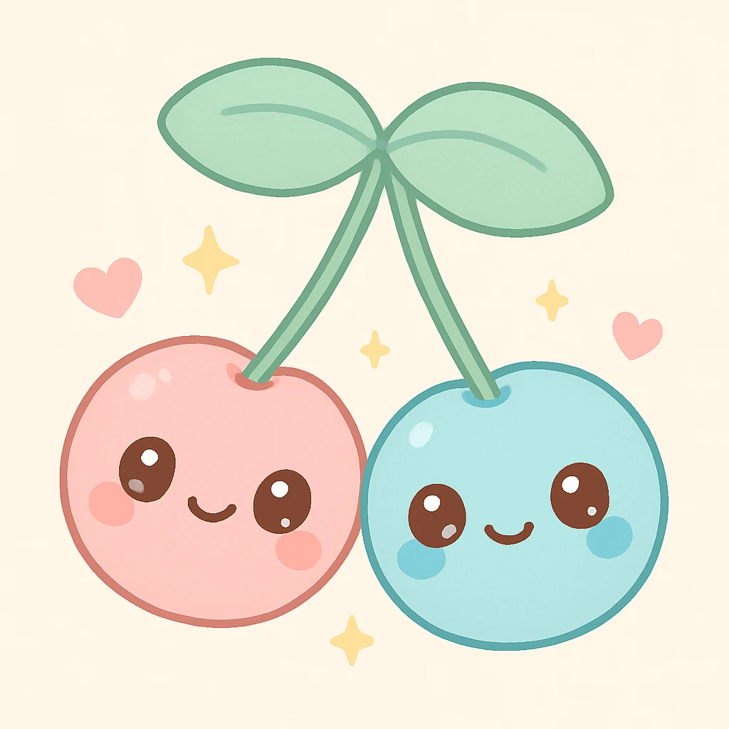 two cherries with green leaves, connected by stems, kawaii style, cute facial expressions, pastel colors, sparkle effect around the cherries emoji