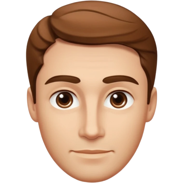 A man has brown, slightly wavy hair, an oval face, fair skin, and a soft smile. His features are smooth and balanced, with thick eyebrows, almond eyes, and a defined jawline. emoji