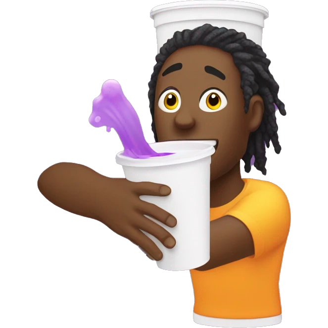 black guy with orange dreads pouring a yellow stream into a white styrofoam cup with purple juice emoji