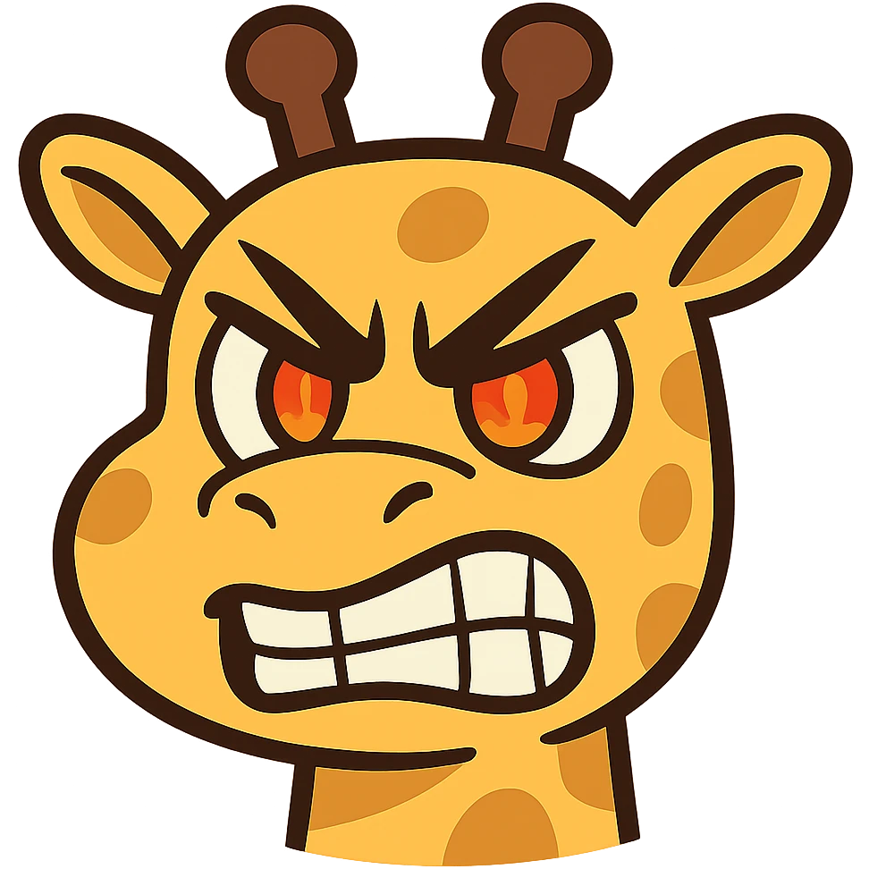 A fierce, determined cartoon giraffe face with furrowed brows, clenched teeth, and fiery eyes. The design should be bold and comically exaggerated, suitable for a 'grr' or 'tryhard' emote. Use sharp angles for the eyebrows, vibrant colors, and a clean, readable style even at small sizes. Cartoonish, kawaii-inspired style, flat toon emoji