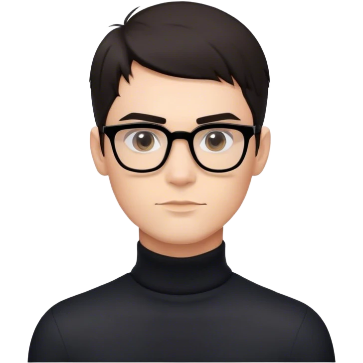 Create a high-quality Apple-style emoji avatar with a clean and polished 3D look. The character should have smooth shading, soft facial features, and a professional finish. Design a stylish male avatar with short, neatly styled dark hair, well-defined eyebrows, and a confident yet friendly expression. The avatar should wear modern, minimalist glasses and a sleek black turtleneck for an elegant and sophisticated look. Ensure the lighting is balanced, with subtle highlights and shadows for depth. The background should be a simple neutral gradient to keep the focus on the character. emoji
