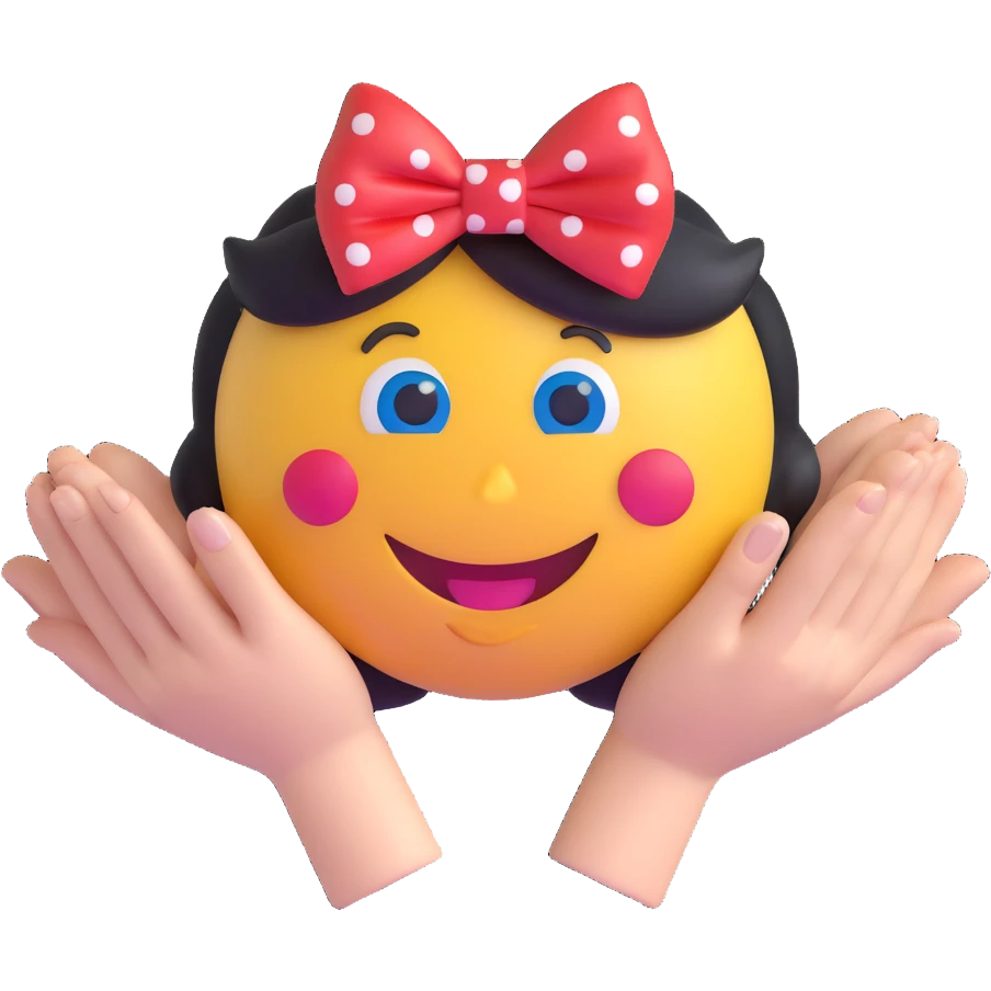 3D smiley emoji, large eyelashes, red polka dot bow, forming a heart with both hands, smiling, blue eyes, cute style emoji