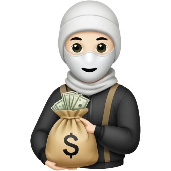 Ski mask holding money bag with white face emoji