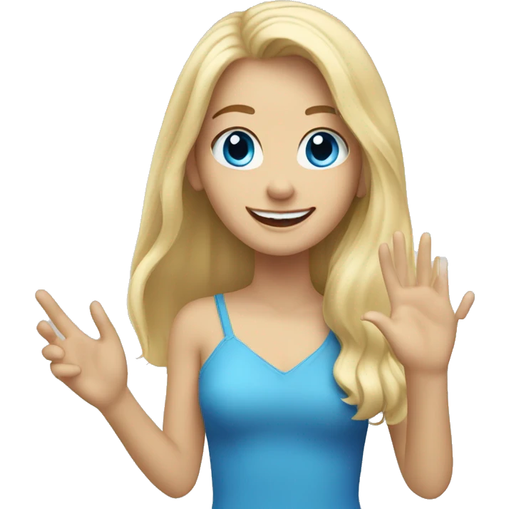 blonde long hair blue eyes girl waving her hand and smiling emoji