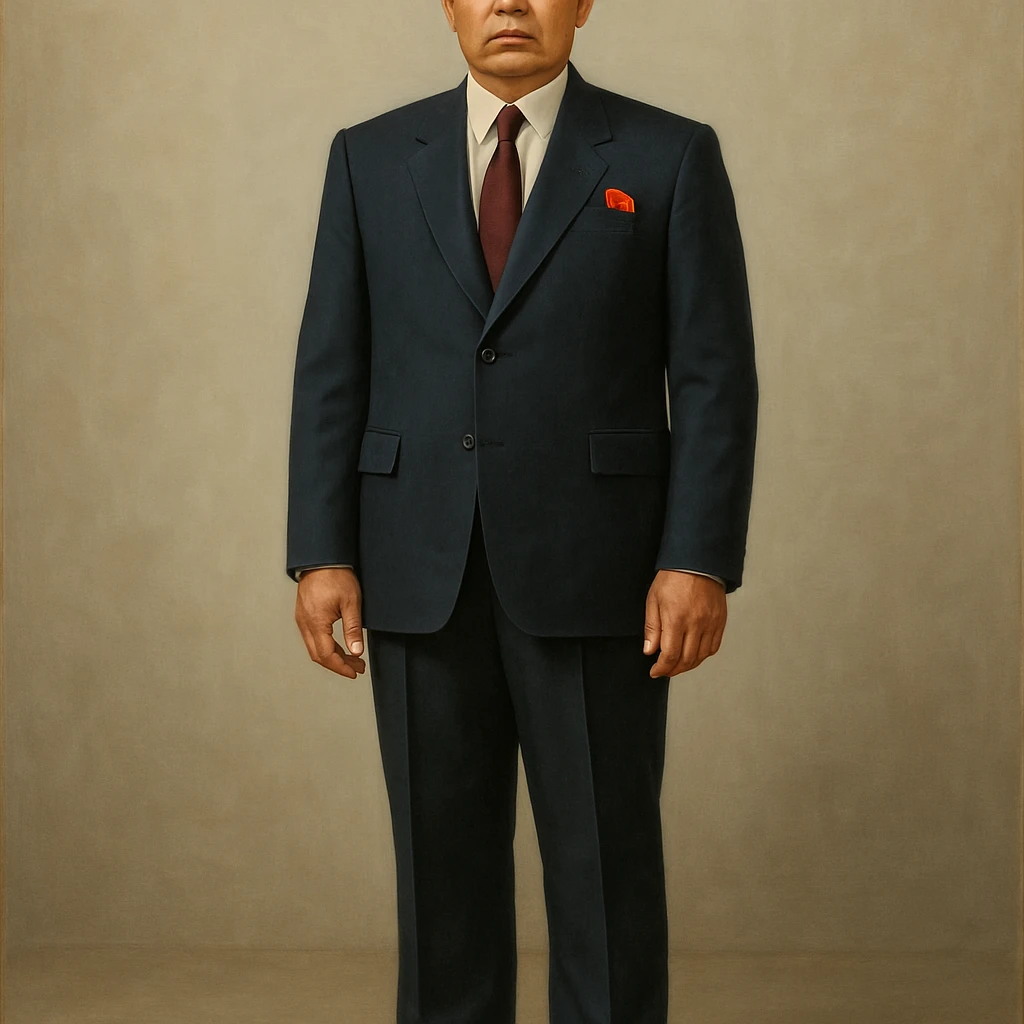 Official portrait of a North Korean man, head of the hull production workshop at a shipyard, serious and formal style, dark suit, neutral background, confident and focused expression, style inspired by Soviet and North Korean official portraits, full body, not cropped, head not cut off, head and feet fully in frame, variation 4 emoji