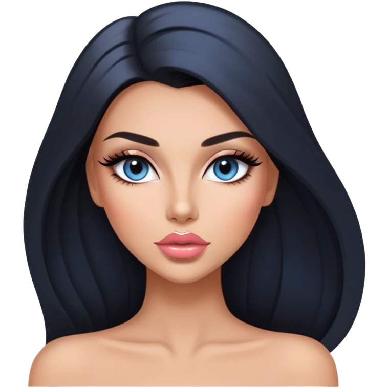 Glamours, tanned, very beautiful girl, with big pump peach-beige-rose lips, long long lashes, black straight smooth silky long hair, straight parting hair, blue-grey eyes emoji