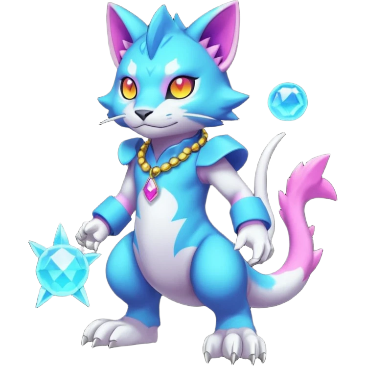 Colorful neon glowing abyssal garurumon-purloin-feline-Fakemon-Digimon-creature wearing a cool casual fashionable aesthetic clothes and accessories and jewelries and apparels fursona (full body)  emoji