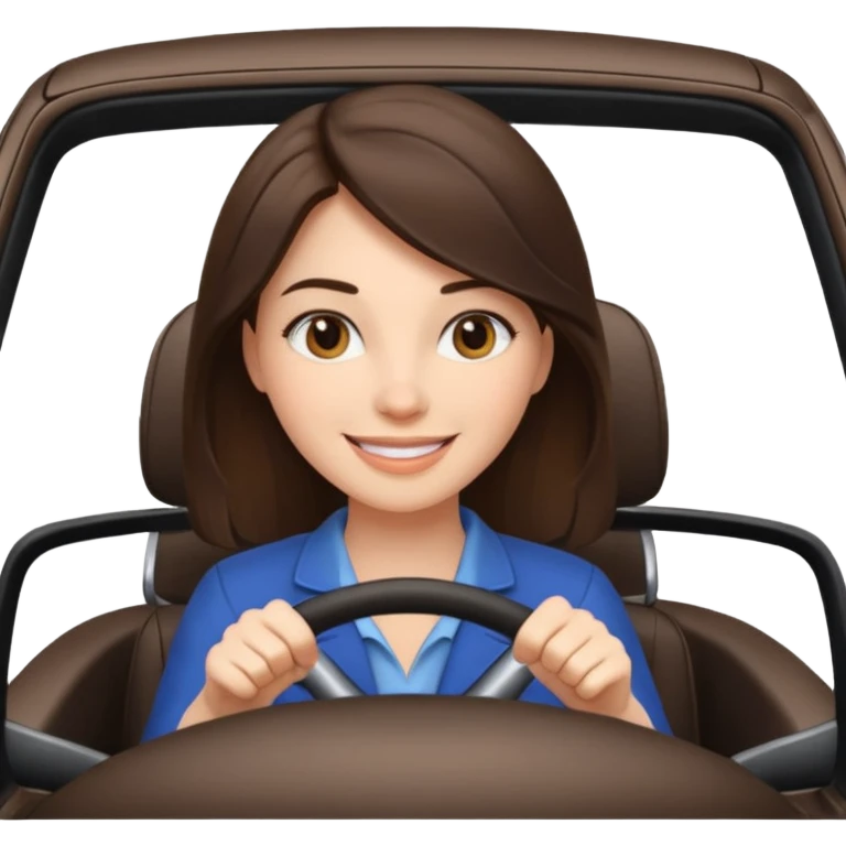 Brunette woman driving car like crazy. New car. Happy face confidence  emoji