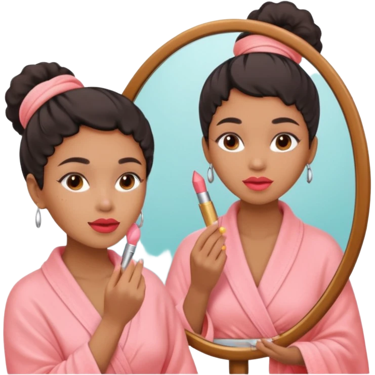 Mixed-race woman with caramel skin, wearing a pastel pink spa wrap, applying lipstick in front of a mirror emoji