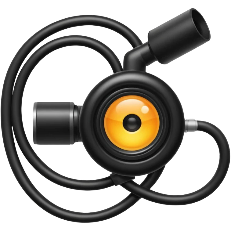 Apple emoji style icon of an endoscope. A minimalist coiled black tube ending in a glowing camera tip. Glossy, rounded, isolated on white background. emoji