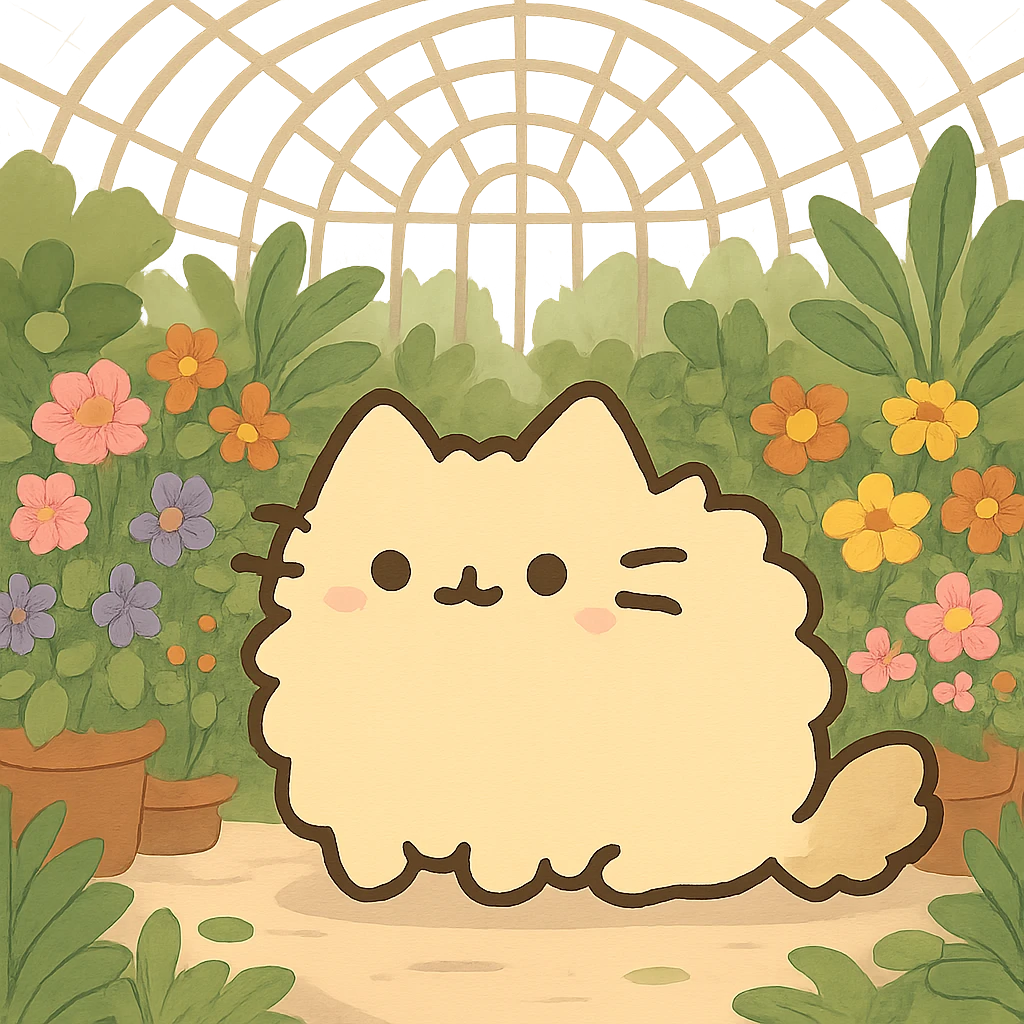 pusheen-style fluffy blonde kitten in a botanical garden greenhouse filled with flowers emoji