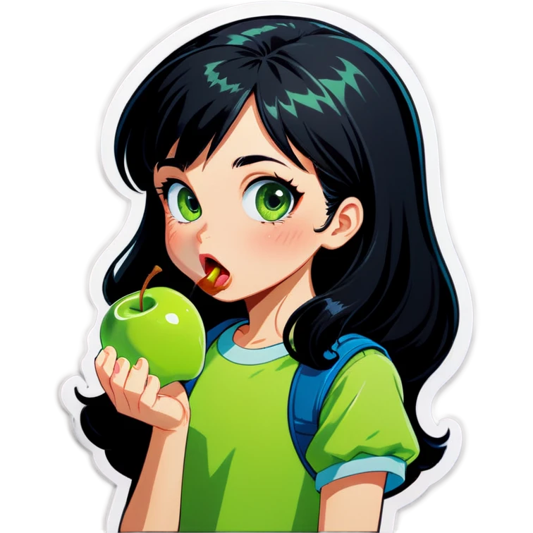 A girl with black hair eats a green apple emoji