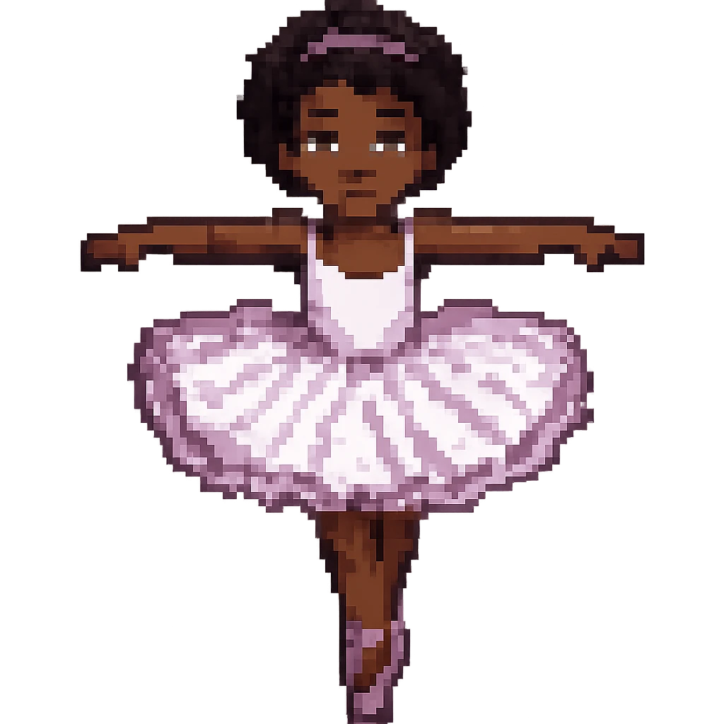 Make her a ballerina with dark skin and curly black hair in pixel art style, no background. emoji