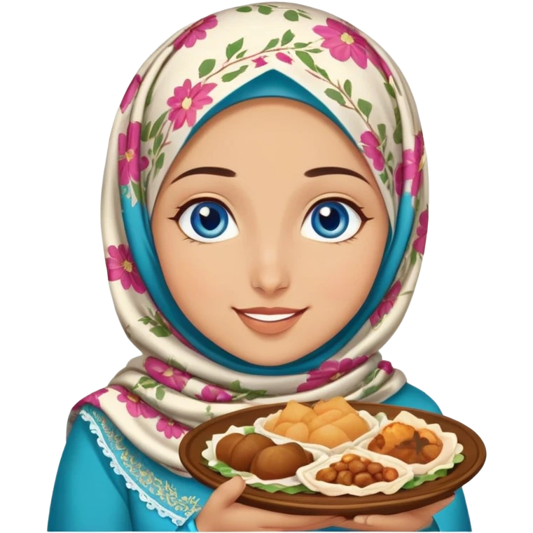 Turkish beautiful finish Konya girl blue eyes with floral hijab islamic dress and she’s savouring delicious food face emoji