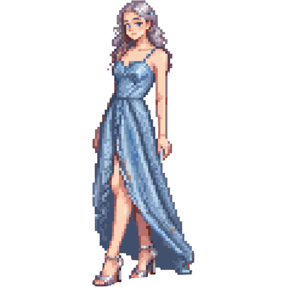 girl with big feet wearing silver heels and a big blue-grey prom dress emoji