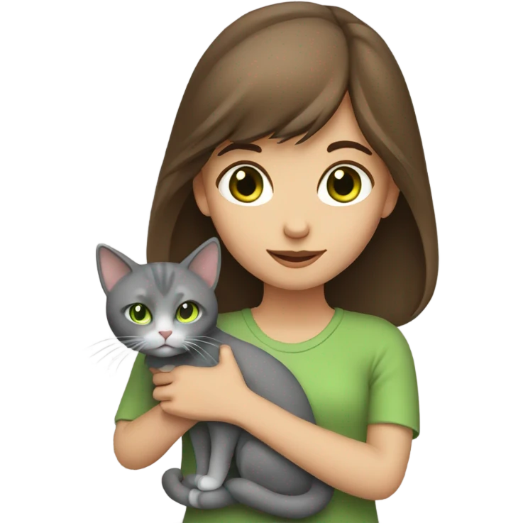 girl with brown hair and green eyes with a grey cat in her hands emoji