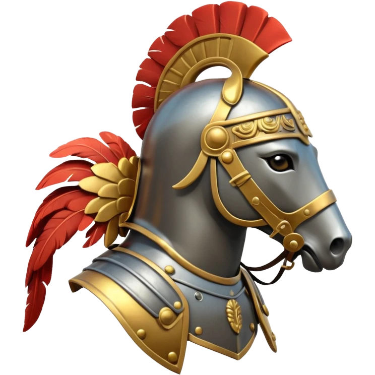 An emoji of a powerful Roman warhorse in full armor, with a feathered helmet. emoji