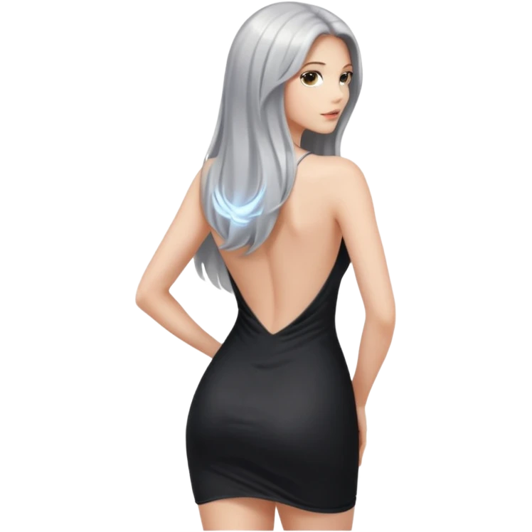 woman with light long hair in silver body looking at the camera from back with sexy pose emoji
