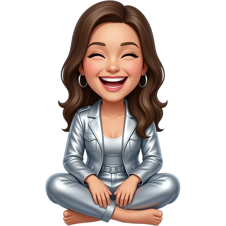 Create an emoji of a seated woman in metallic silver. The woman is laughing heartily. The background is white. The final result must have maximum resolution, high contrast, and extreme sharpness. Illustration style: Vintage – Art Deco – 2D emoji