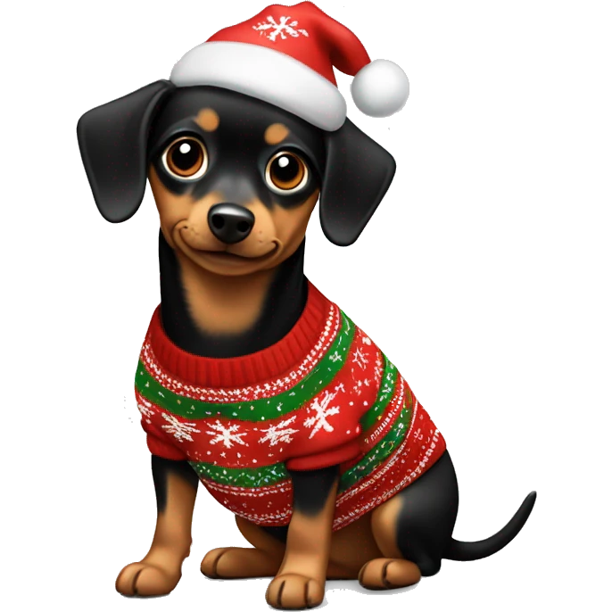 Tan and black Chiweenie wearing Christmas sweater emoji