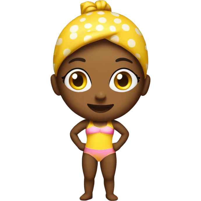 simple yellow emoji wearing pink swimsuit with white polka dots  emoji