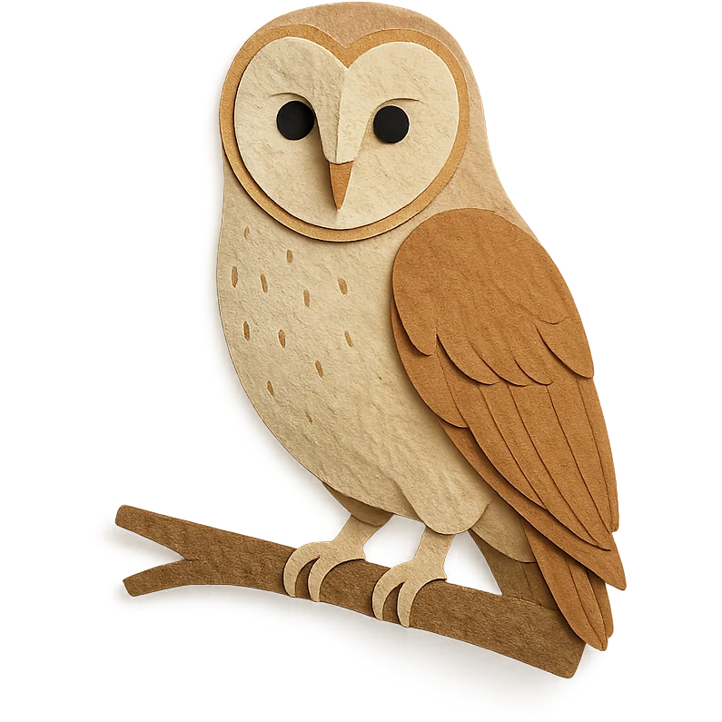 barn owl sitting on a branch, delicate paper layers, naturalistic pose, subtle color variations emoji