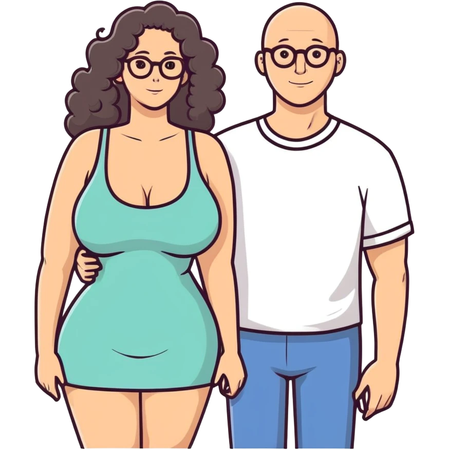 caucasian bald man with glasses and caucasian woman with no glasses, long curly dark hair and huge boobs emoji