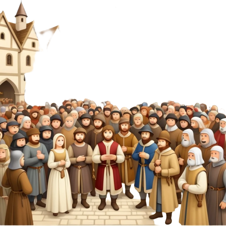Large crowd of medieval people gathered in town square, mixture of wealthy merchants in fine clothes and commoners in simple attire emoji