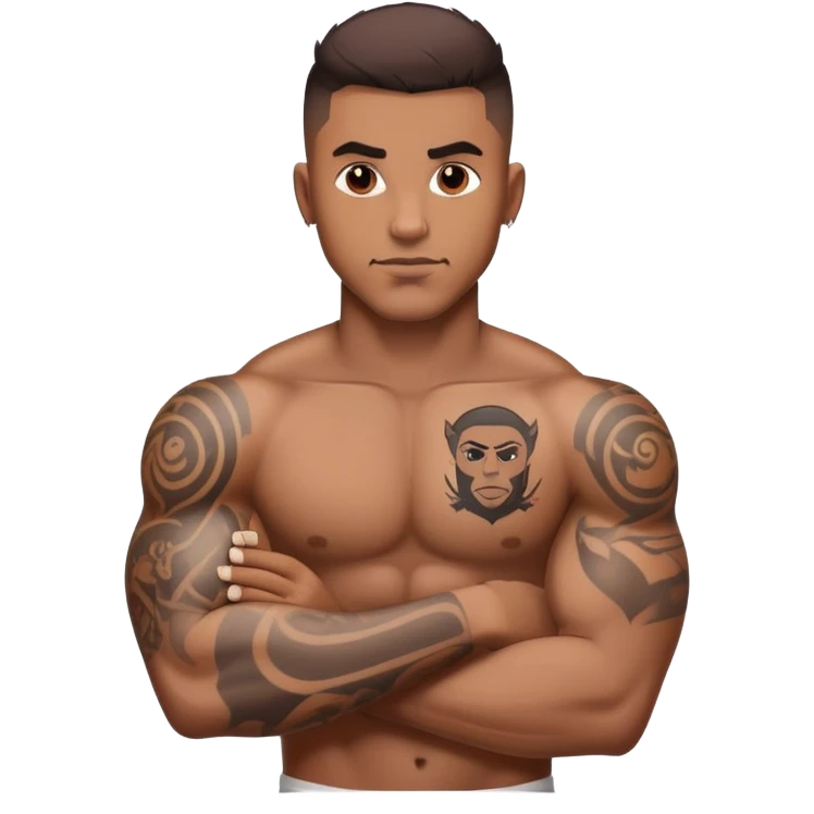 Brownskin man with muscles and arm tattoo low haircut emoji