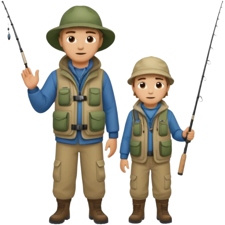 Father and son in fishing gear gesturing that they are cold, full body emoji
