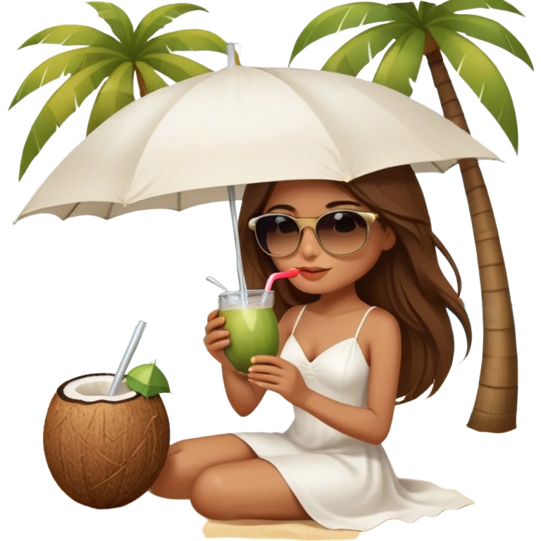 Girl with long brown hair wearing sunglasses and sipping from a coconut elegant sand and white aesthetic umbrella  emoji