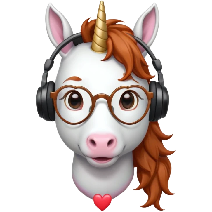 headphone wearing white unicorn with dark ginger hair and heart shaped spectacles very unicorn looking emoji