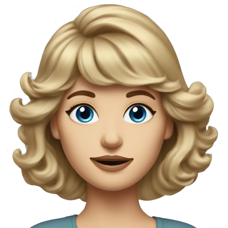 Medium length Dirty blonde voluminous hair with bangs all across forehead and sides swept away from face woman of 60 with blue eyes  emoji